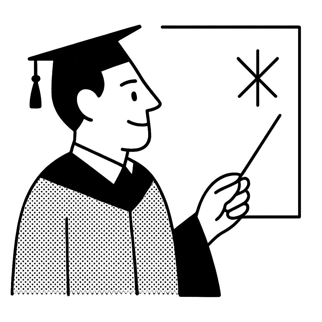Illustration of a person wearing a graduation cap and gown, holding a pointer, standing in front of a blackboard with a star-like diagram.