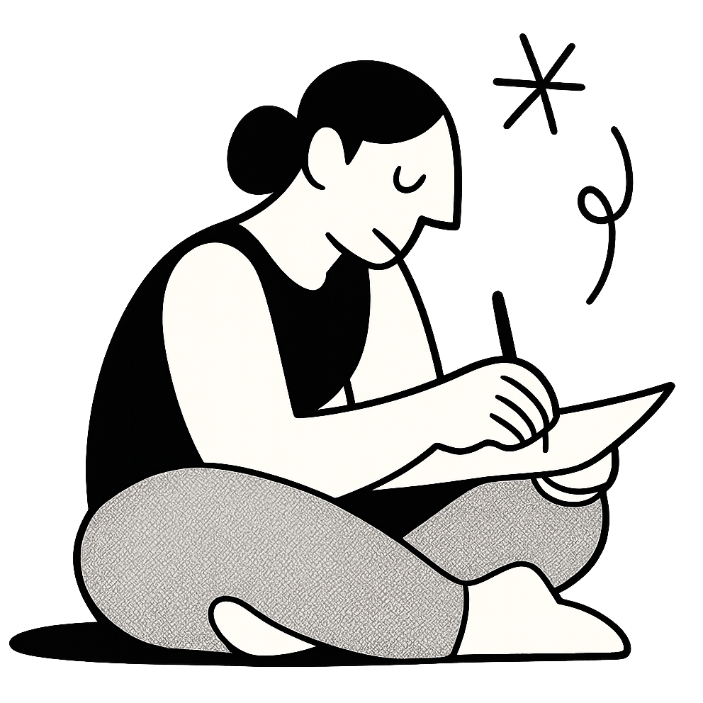 A person sitting cross-legged and writing on a notepad with a pen, smiling, with stars and swirls around their head indicating creativity or thinking.