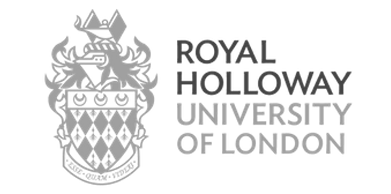 Logo of Royal Holloway University of London, featuring a shield with a crown on top, accompanied by the university name in bold text.