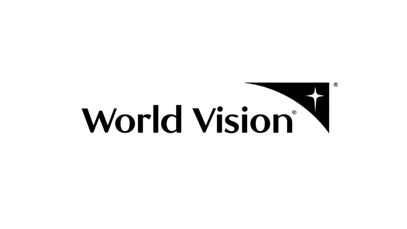 Logo of World Vision with black text and a star in a black and white design