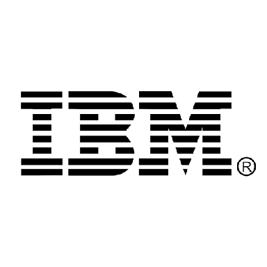 IBM logo with stylized black and white horizontal stripes.