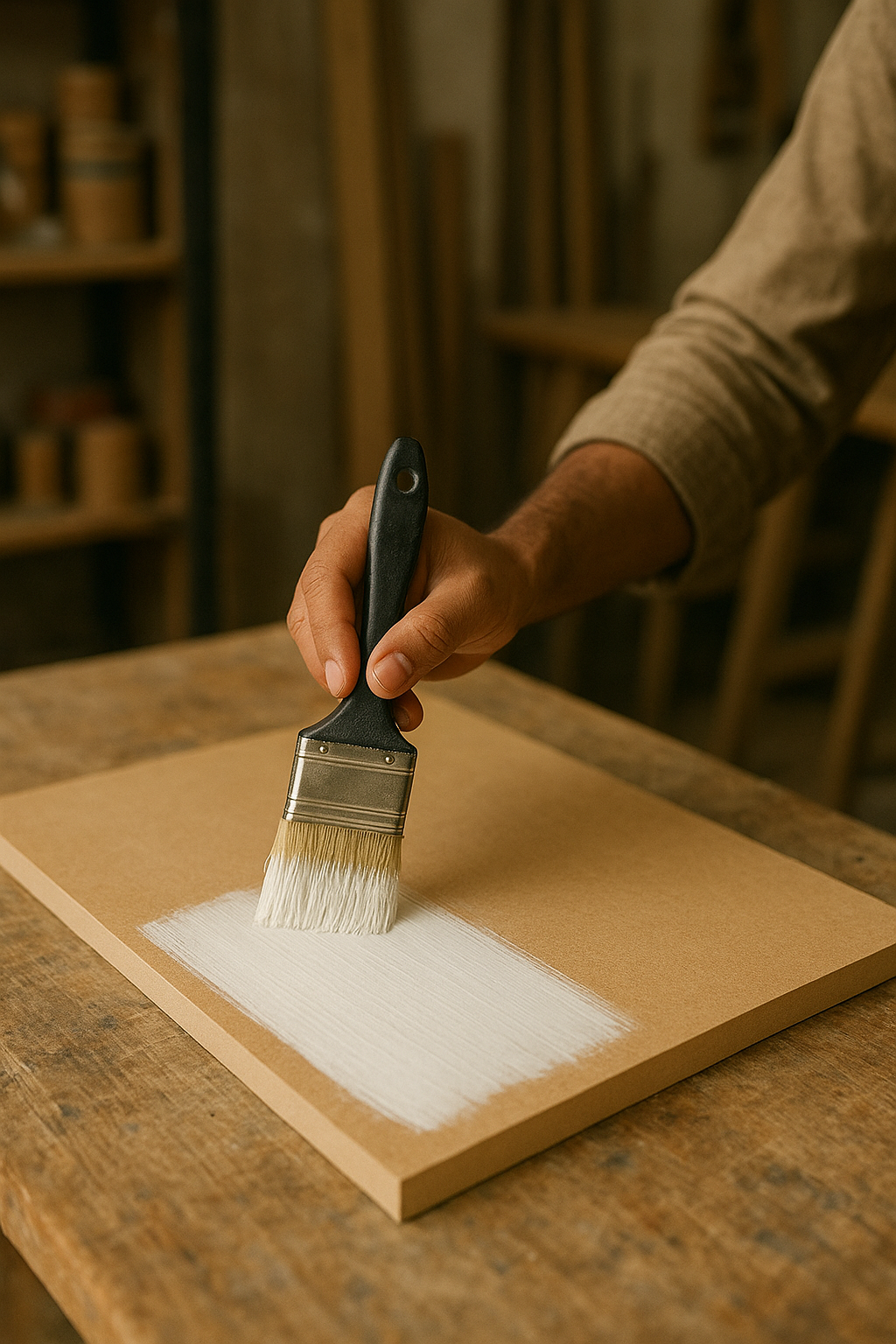 Person painting a wooden surface white with a wide paintbrush in a woodworking shop.