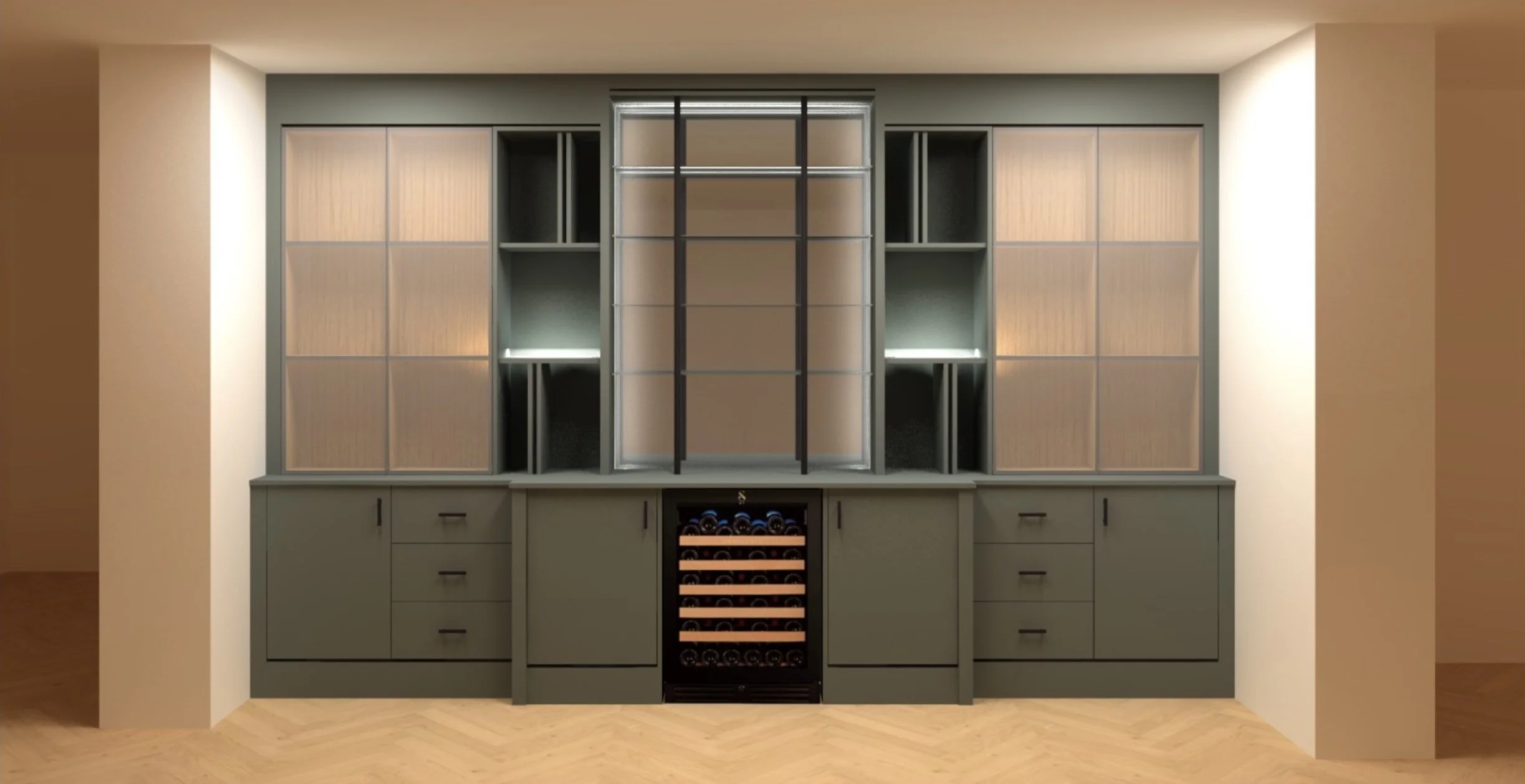 Modern built-in kitchen cabinet with wine fridge in center and wooden shelves with glass doors. The unit is in gray with black accents, located on a light wood floor.