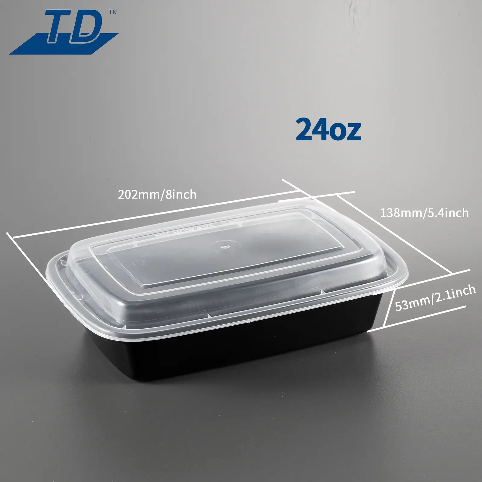 A black and clear plastic food container with measured dimensions: 202 millimeters (8 inches) in length, 138 millimeters (5.4 inches) in width, and 53 millimeters (2.1 inches) in height, labeled as a 24-ounce capacity.