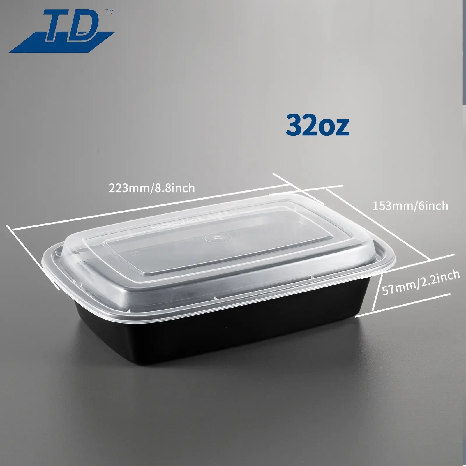 A black food storage container with a clear plastic lid, labeled with the brand 'TD' and dimensions 223mm by 153mm by 57mm, suitable for 32 ounces.
