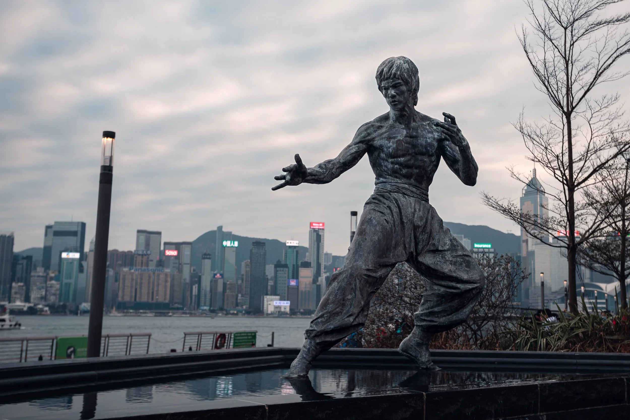 Bronze statue of Bruce Lee in a martial arts pose with the city skyline behind, including a tall skyscraper with a curved top, trees, and cloudy sky.