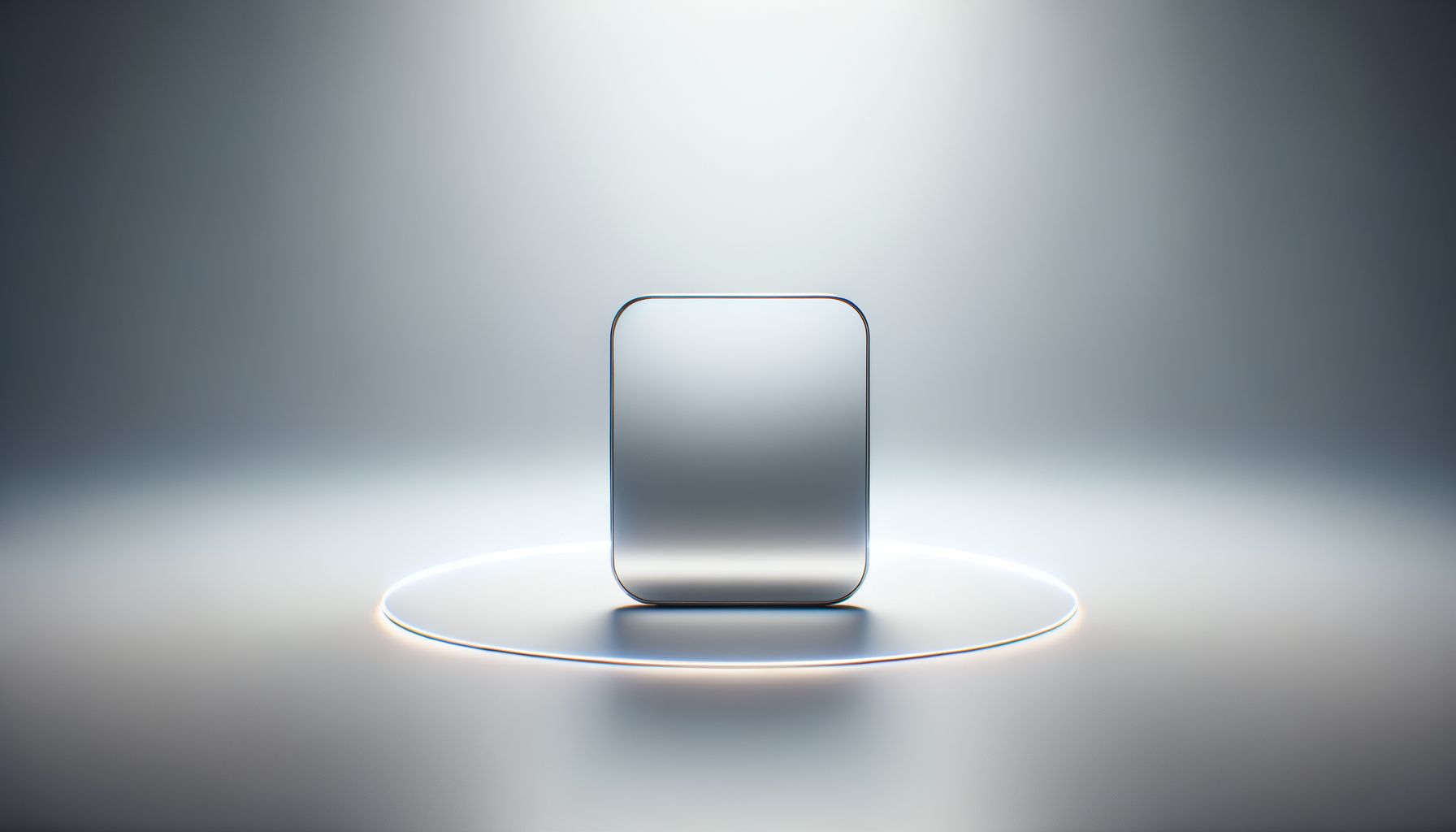 A modern, sleek rectangular mirror with rounded edges, standing on a reflective surface surrounded by a circular light glow, against a gradient background from dark to light.