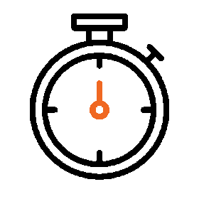 Icon of a stopwatch with a black outline on an orange background.