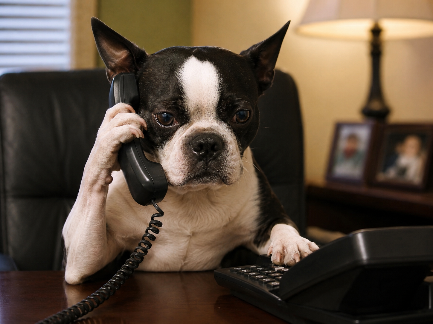 A Boston Terrier with a serious expression is sitting at a desk and using a landline telephone. His left paw is on the numeric buttons on the telephone and he is holding the handset up to his right ear.