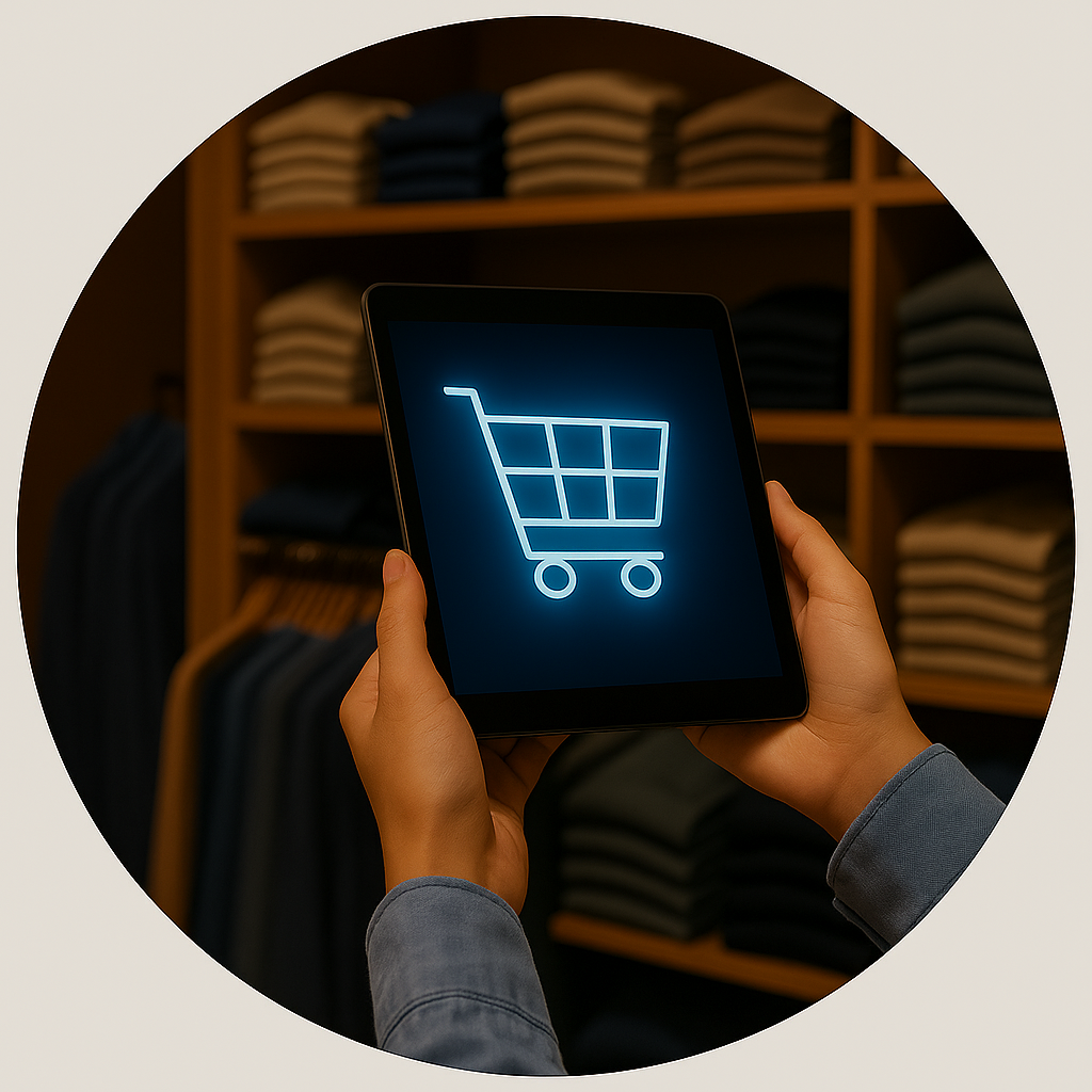 Retail professional using tablet with shopping cart for AI-powered inventory management, product description automation, and e-commerce optimization in Vancouver store