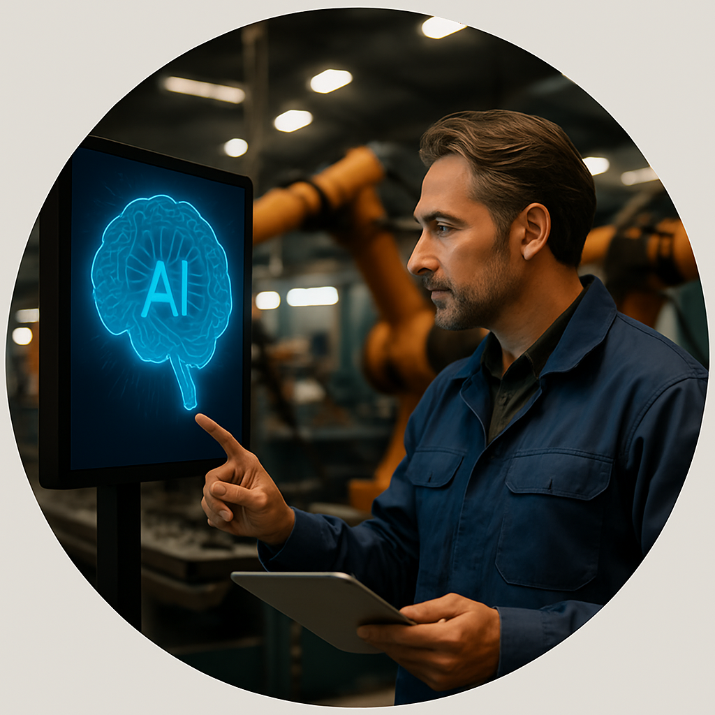 Manufacturing professional analyzing AI brain interface in industrial facility with robotic automation systems for production optimization