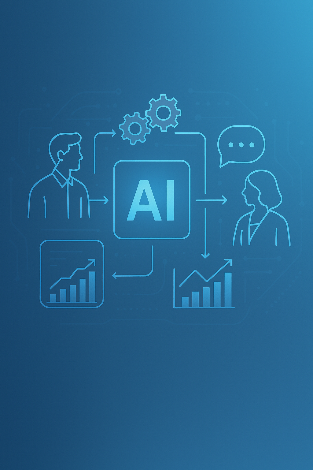 AI workflow automation diagram showing business professionals using AI technology with gears and analytics charts demonstrating efficiency gains