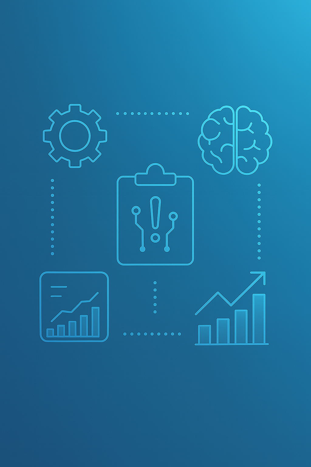 Integrated AI workflow showing automation gears, intelligent processing brain, data analytics charts, and alert systems working together for business optimization