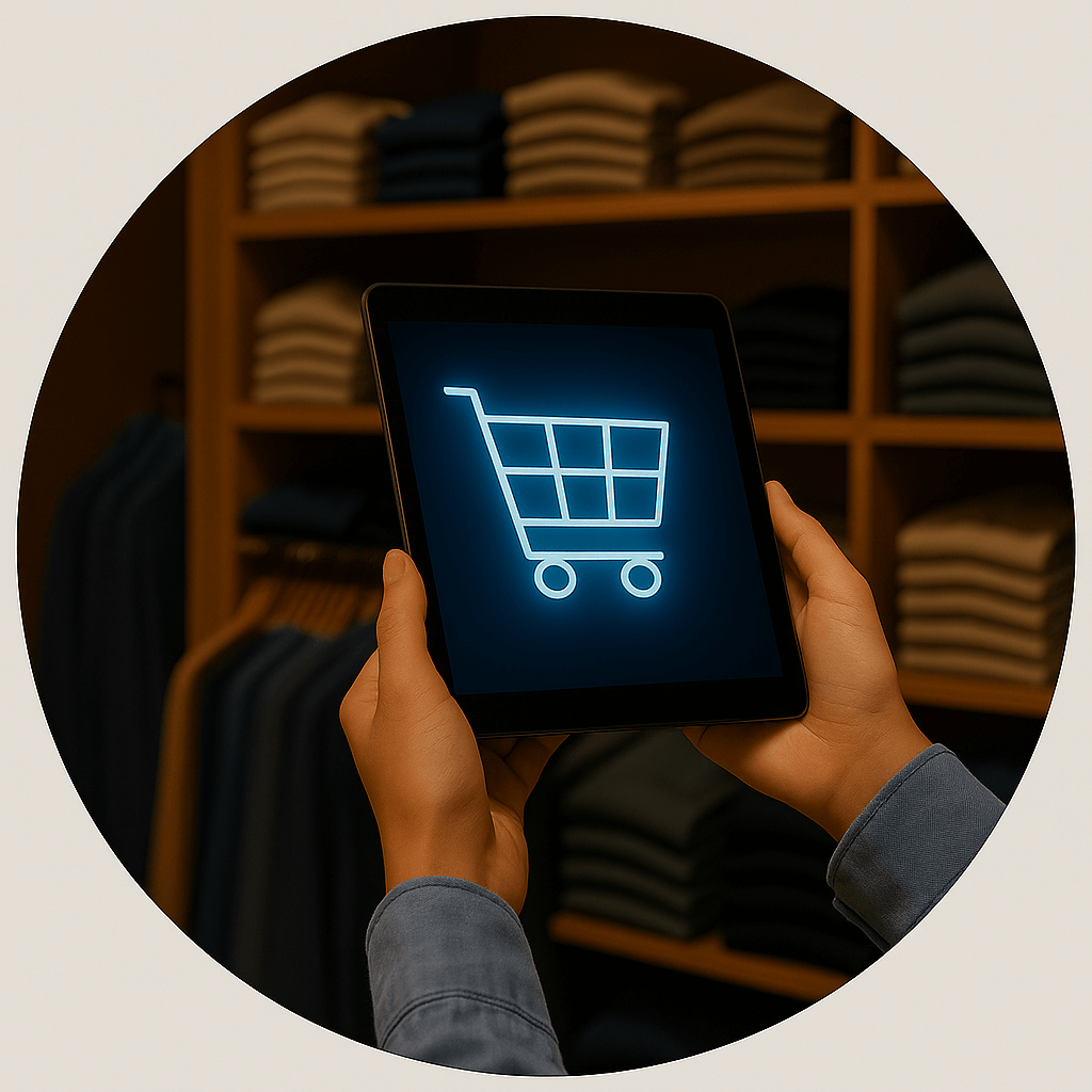 Retail professional using tablet with shopping cart for AI-powered inventory management, product description automation, and e-commerce optimization in Vancouver store