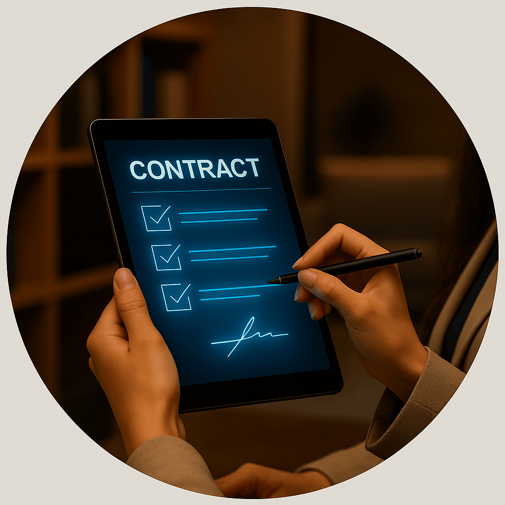 Business professional signing digital contract on tablet demonstrating AI-assisted document automation, proposal generation, and workflow optimization for Vancouver law and consulting firms