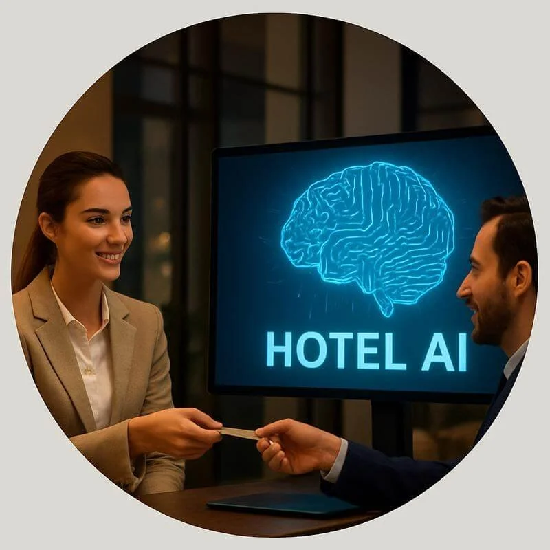 Hotel reception staff using Hotel AI system for automated guest services, booking management, review monitoring, and hospitality operations optimization at Vancouver property