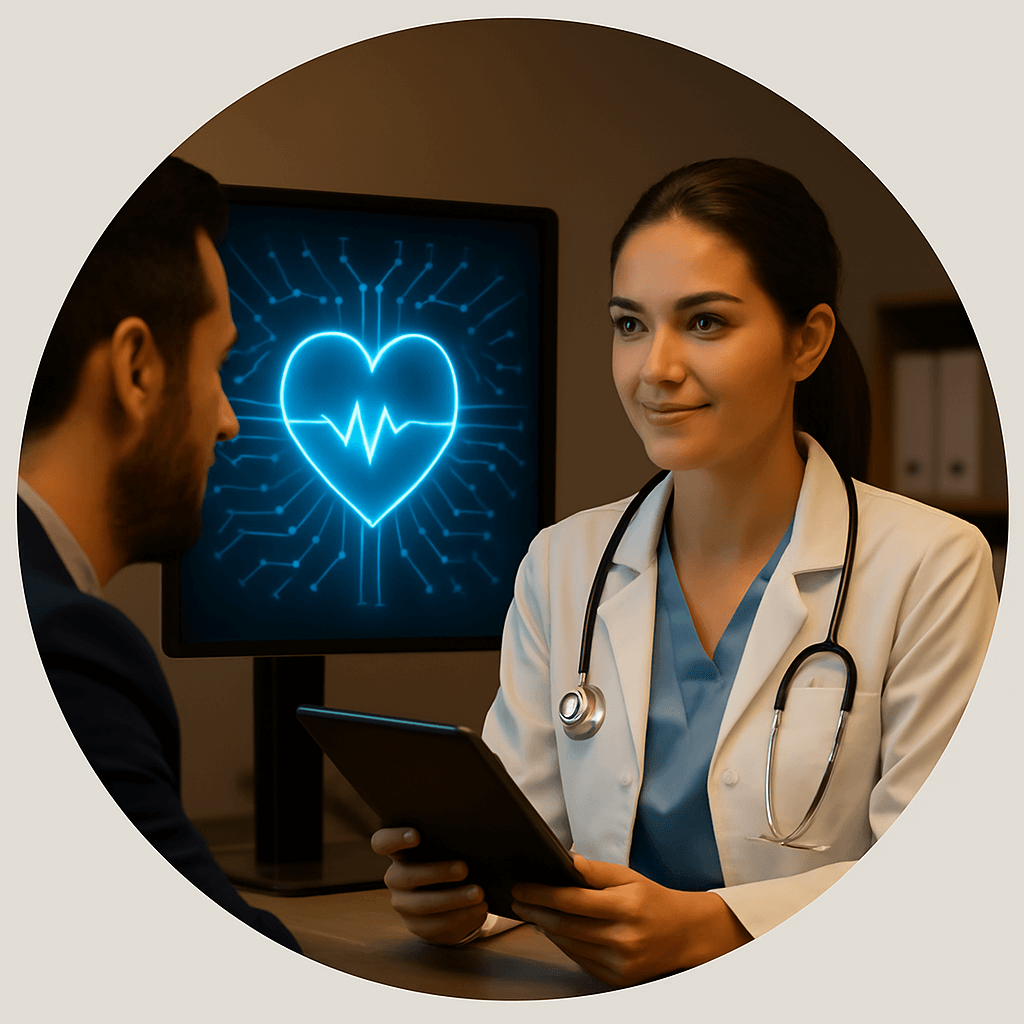 Healthcare provider consulting with patient using AI-powered diagnostic display showing digital health monitoring and clinical automation