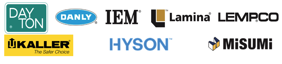 Collection of eight different company logos: Daynton, Danly, IEM, Lamina Lemco, Kaller with the slogan "The Safer Choice," Hyson, and Misumi.