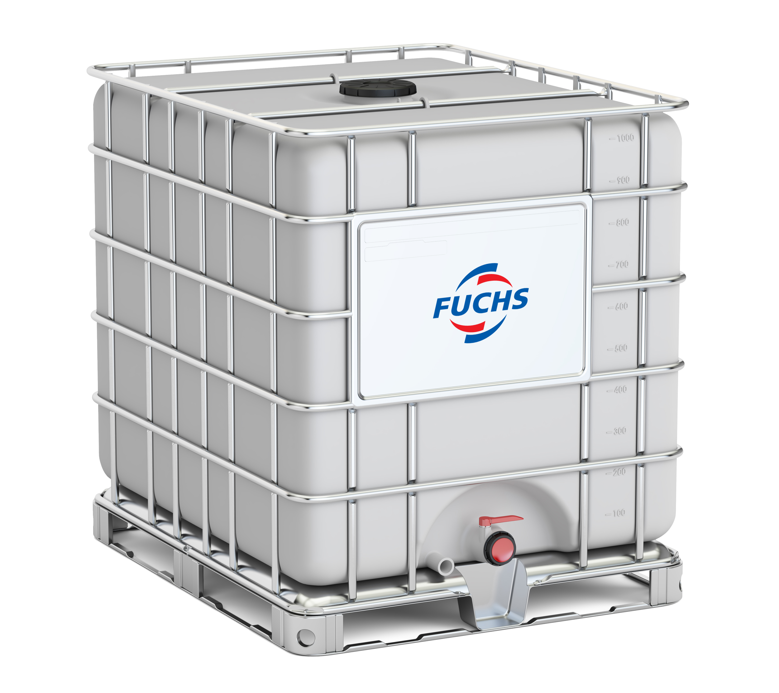 Large industrial intermediate bulk container with the FUCHS logo, used for storing or transporting liquids.