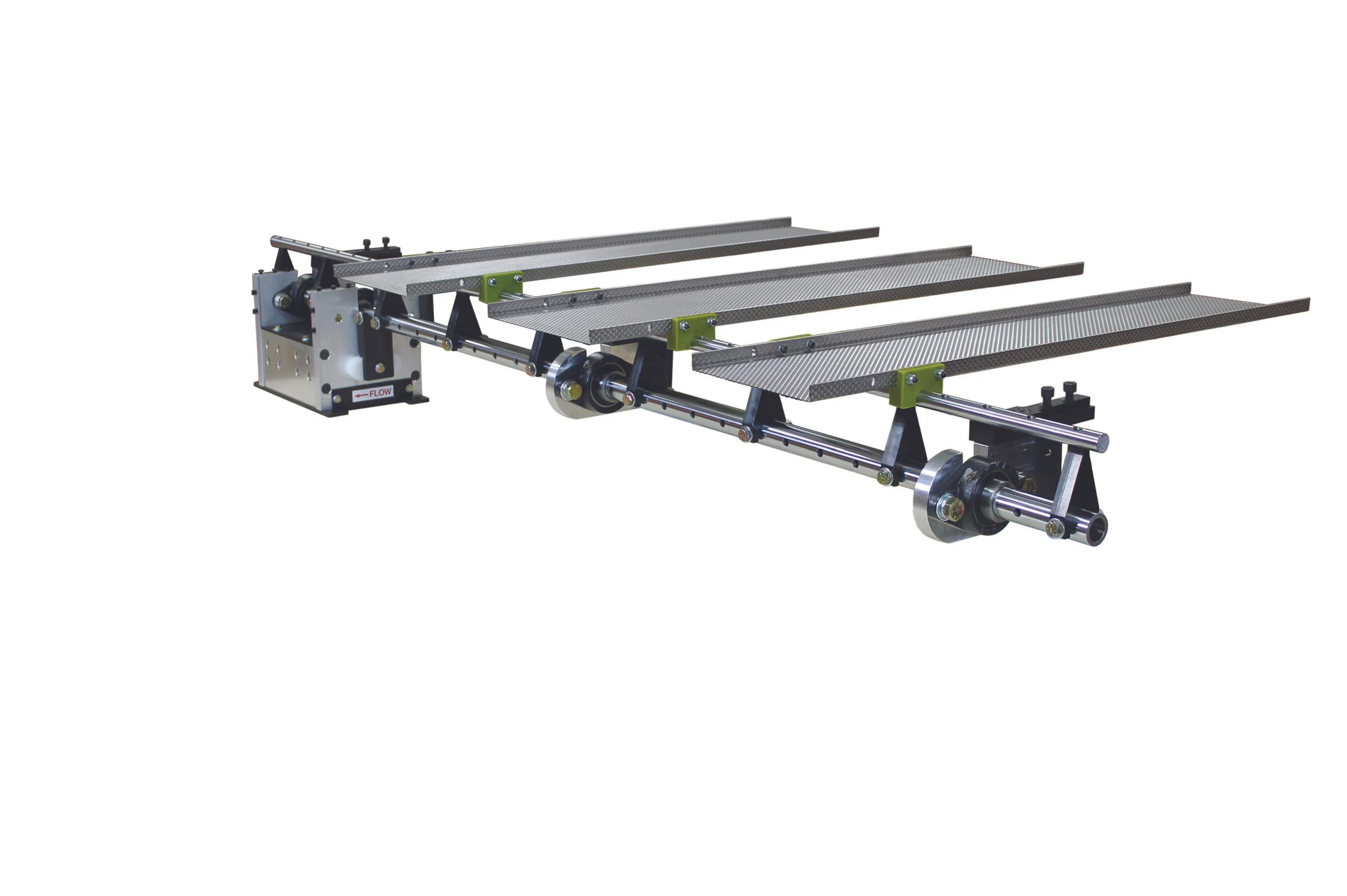 A conveyor system with four metal rollers and a mechanical frame, used for material transport