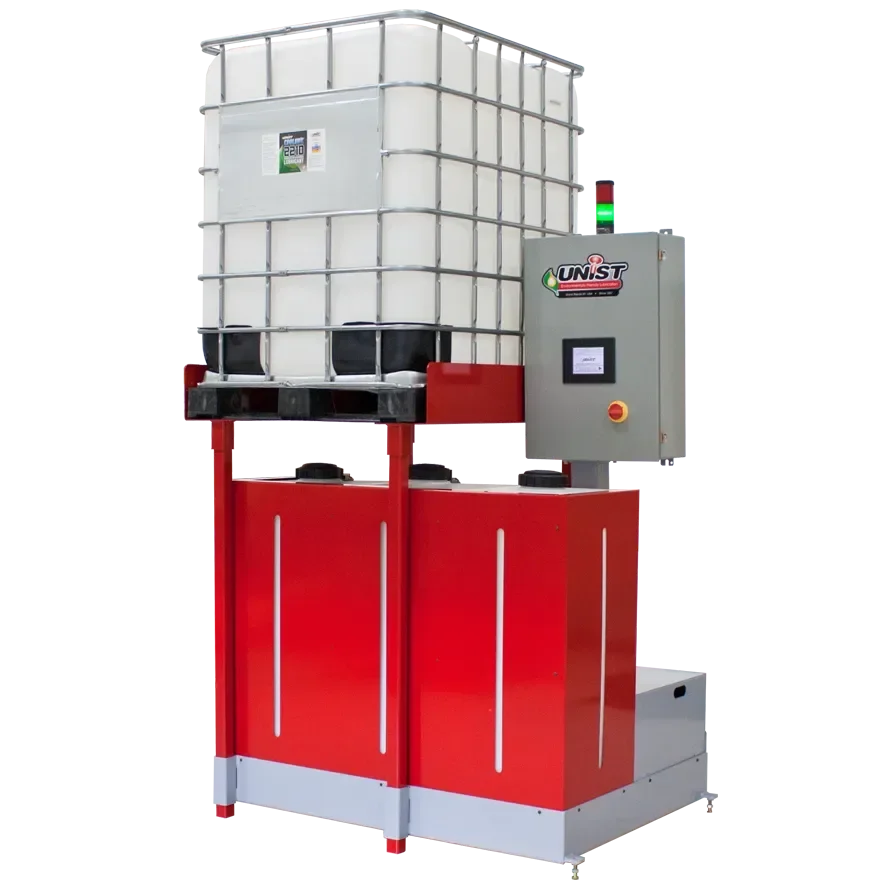 Industrial computerized liquid storage tank with associated control panel on a red stand.