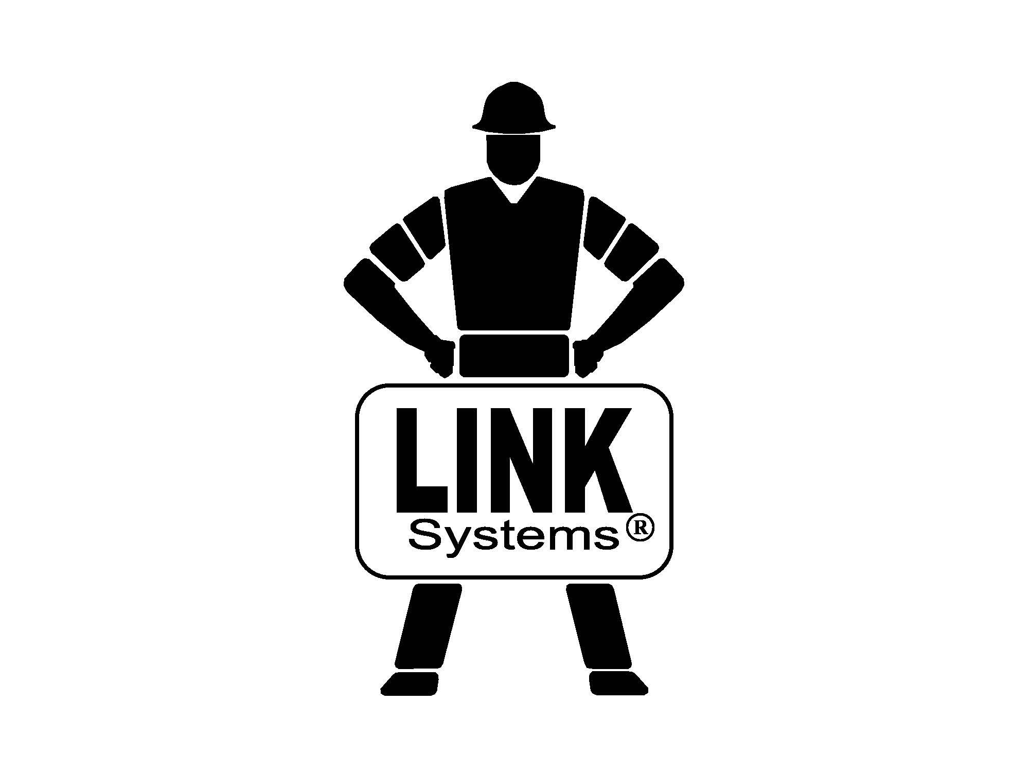 Silhouette of a person wearing a hard hat and vest, holding a sign with the text "LINK Systems".