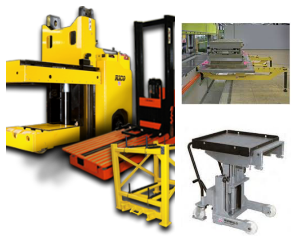 Lineup of material handling and storage equipment, including a yellow automated guided vehicle (AGV), a pallet jack, a conveyor system, and a work table with adjustable height.