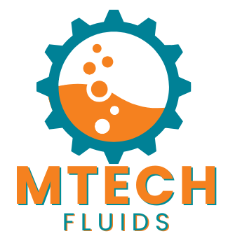 Logo of MTECH Fluids featuring a gear with bubbles inside and the company name below