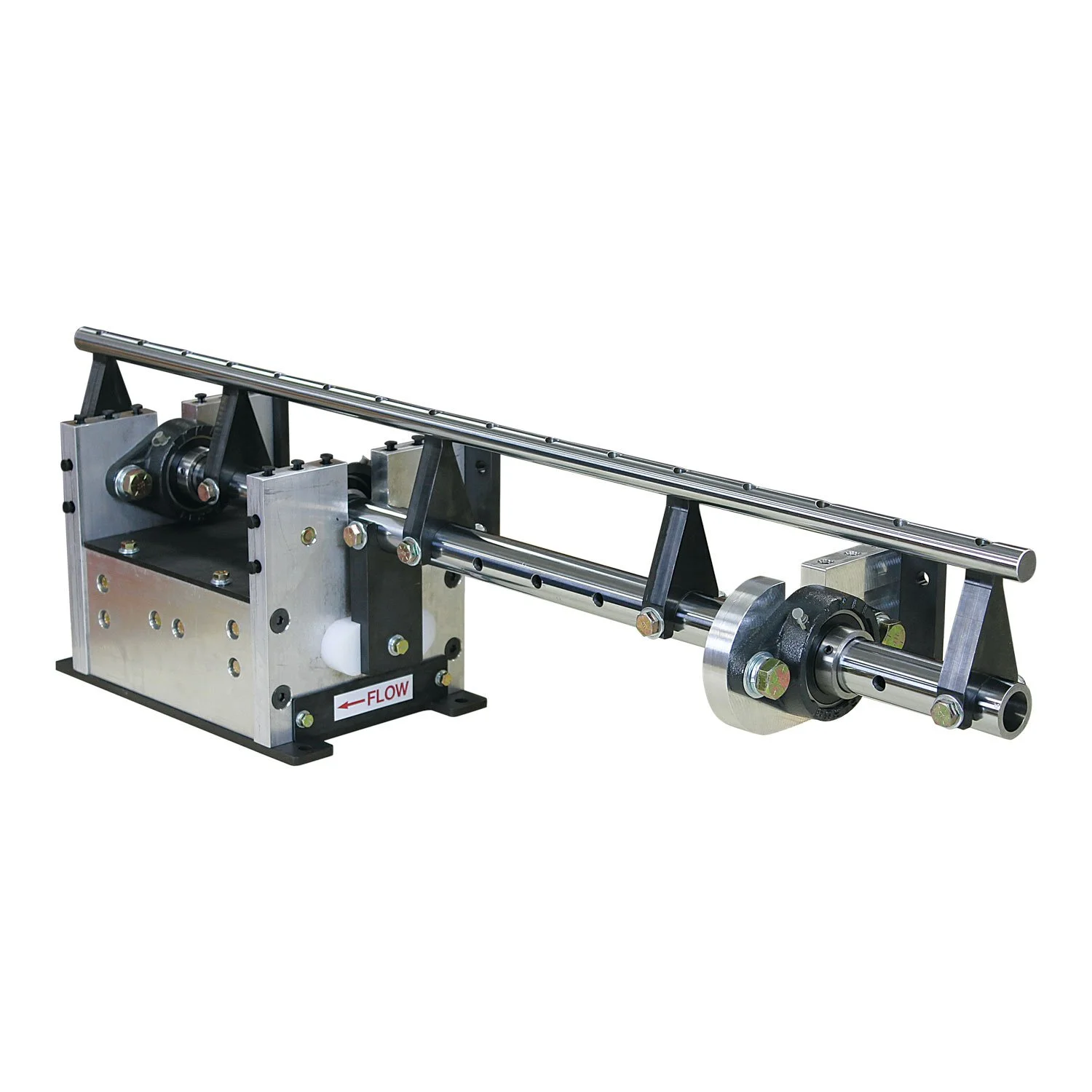 Mechanical flow system with metal pipes, gears, and a flow direction indicator.