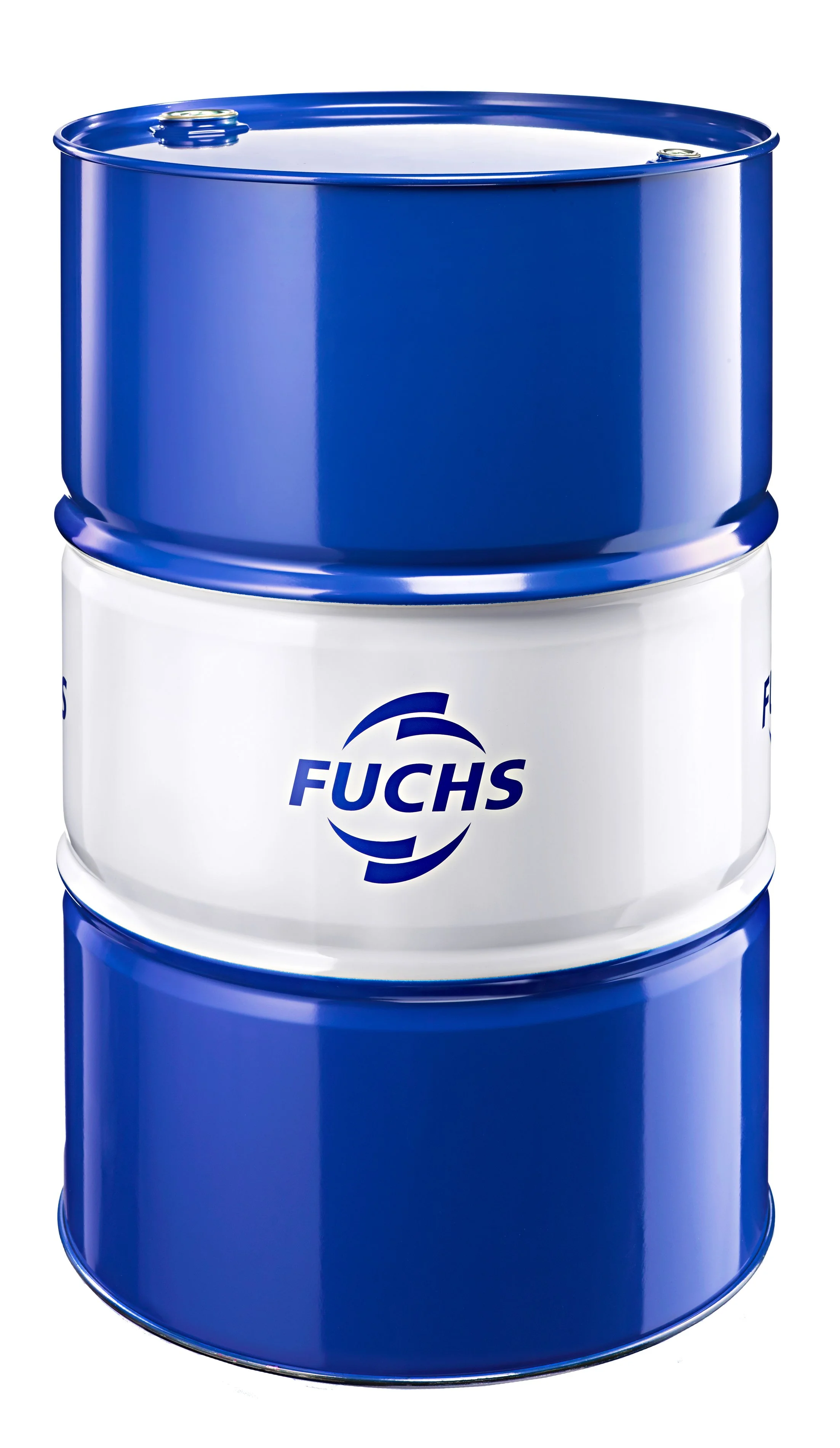 A metal drum with blue and white paint, featuring the FUCHS logo in the center, used for storing industrial lubricants or chemicals.