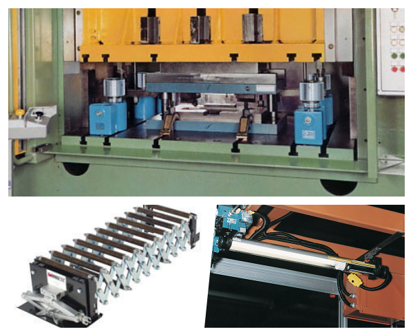 Composite image showing industrial machinery and equipment used in manufacturing processes, including a large green hydraulic press, a linear rail system with multiple rollers, and a CNC machine with a cutting tool.