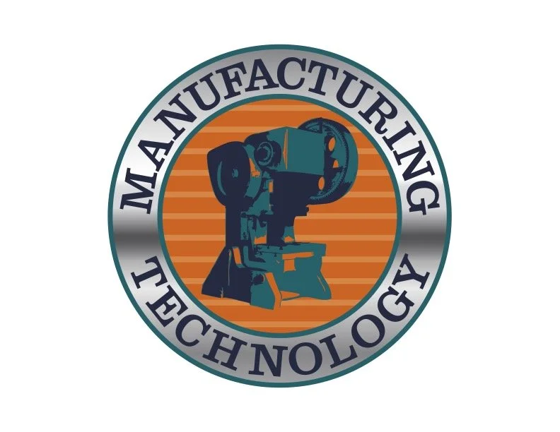 Logo with the words "Manufacturing Technology" surrounding an industrial machine illustration on an orange background.