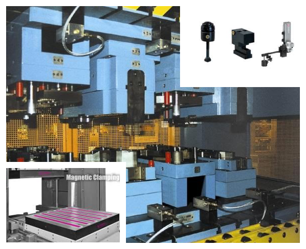 Industrial machinery with inset images of various robotic components including a sensor, a robotic arm, a gripper, and a magnetic clamping system used for manufacturing processes.