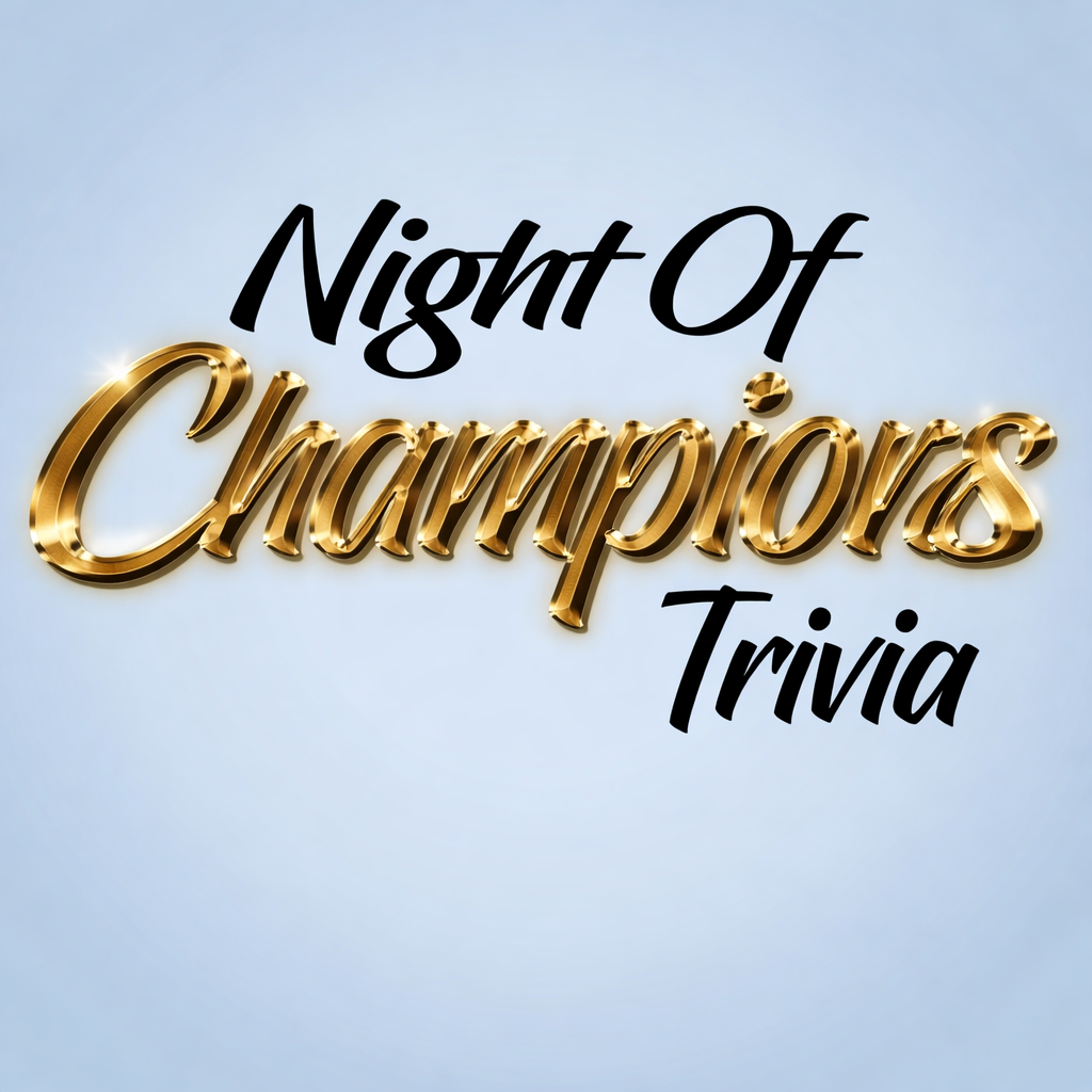 Graphic with the text 'Night Of Champions Trivia' in black and gold 3D style font on a light blue background.
