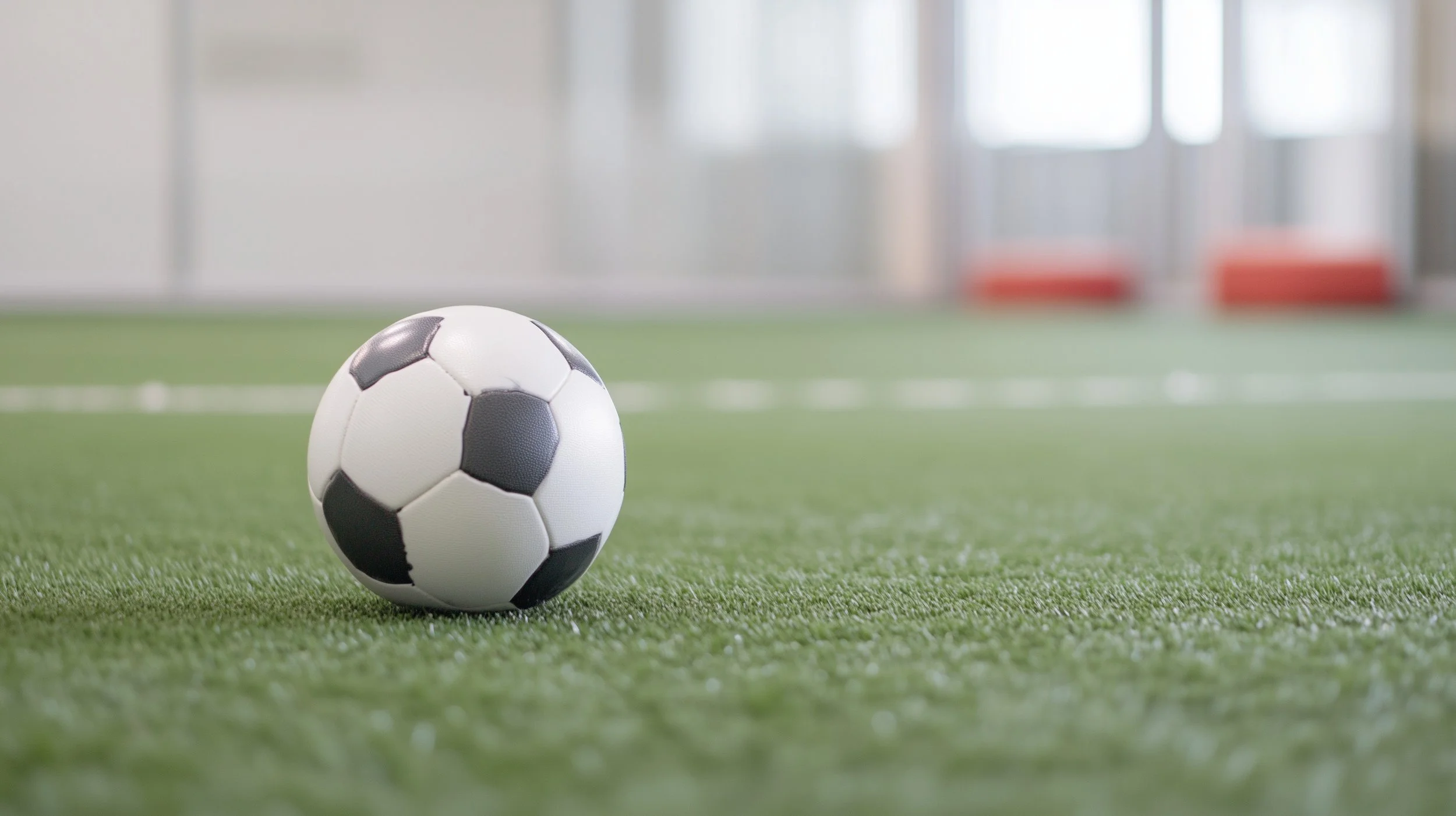 Soccer ball on indoor artificial turf field.