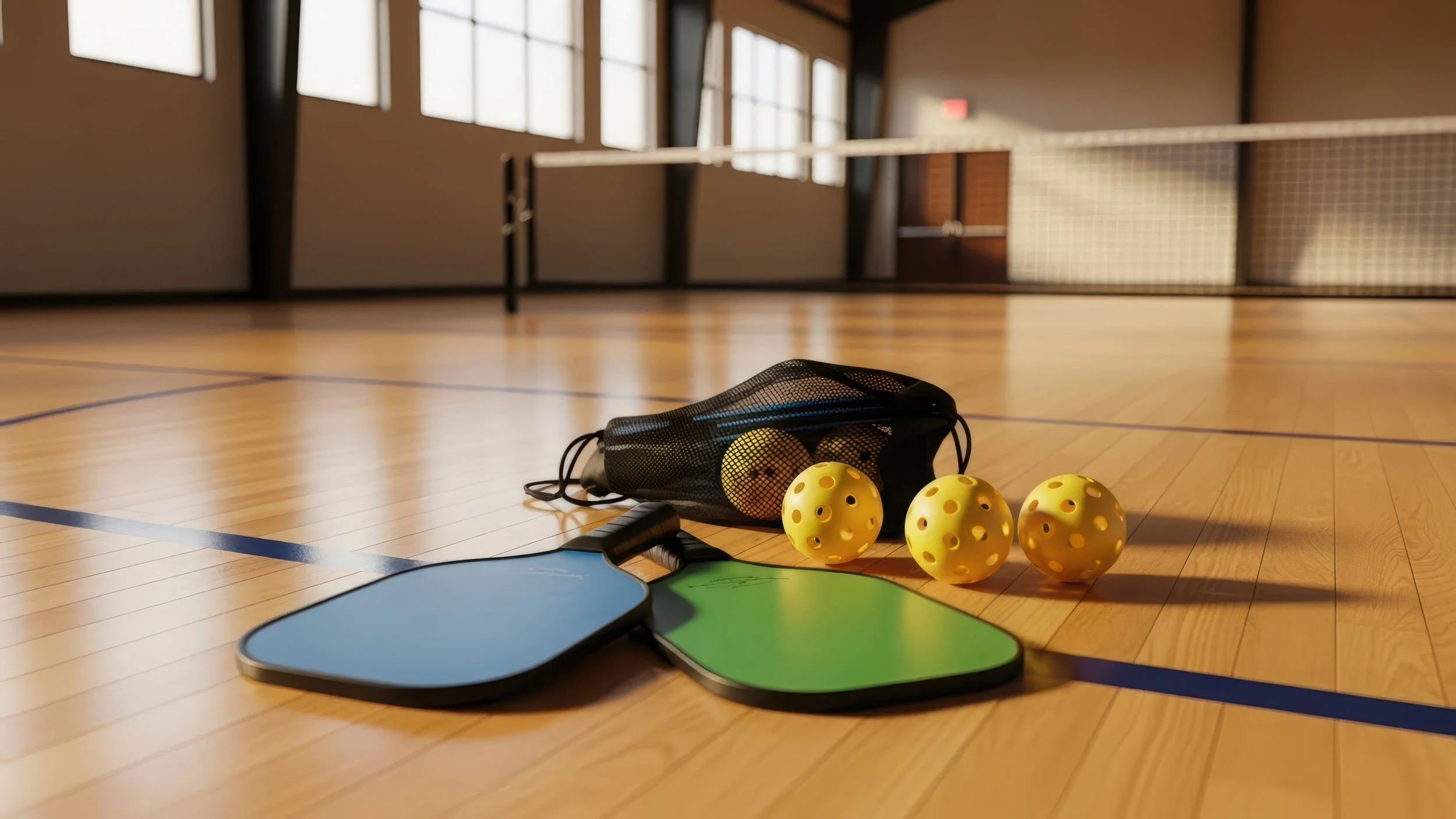 Indoor gymnasium with volleyball equipment on the wooden floor, including yellow balls, a black mesh bag, paddle rackets, and foam mats.