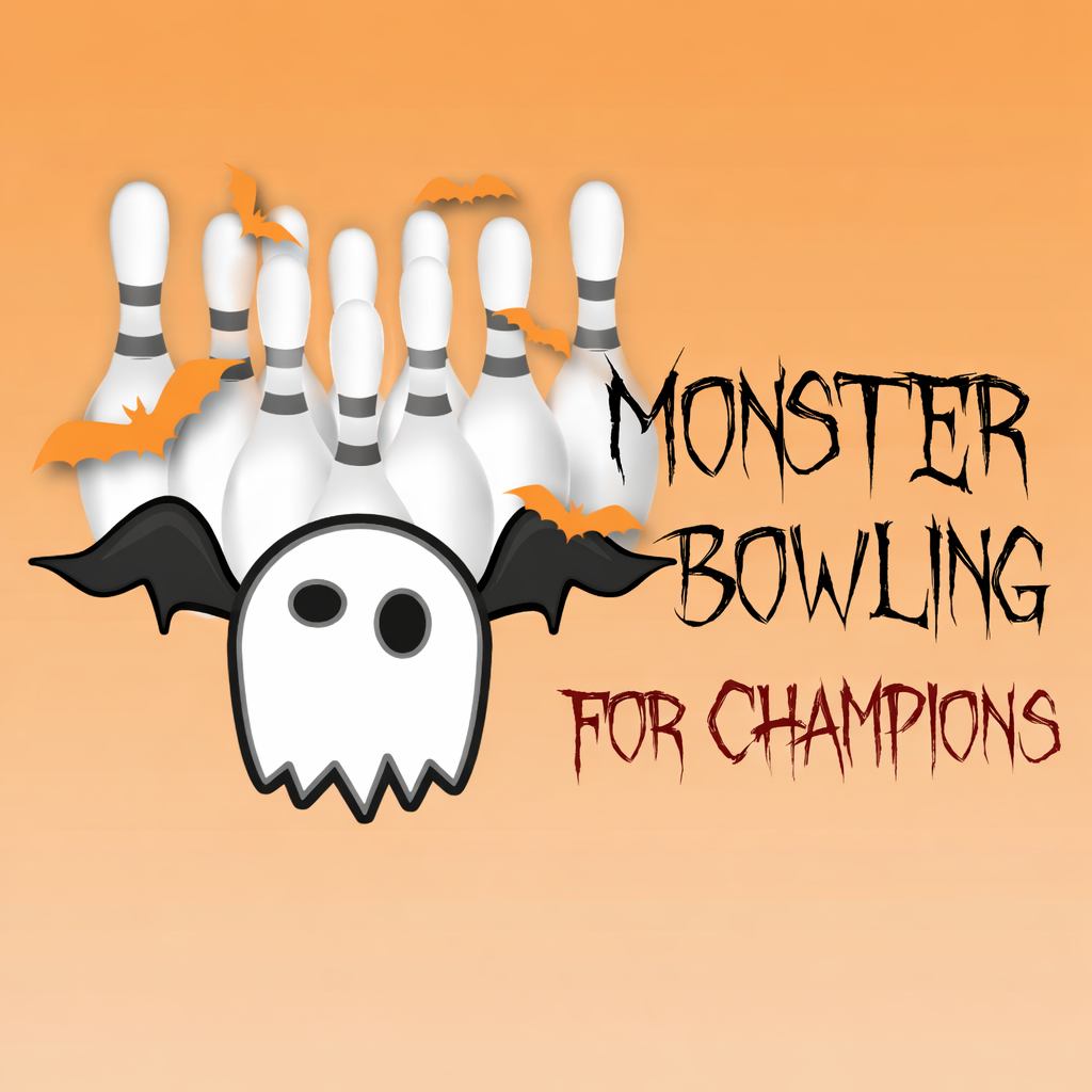 Halloween-themed digital illustration of bowling pins with a bat-winged skull and several small orange bats, along with the text 'Monster Bowling for Champions' in spooky fonts, on an orange gradient background.