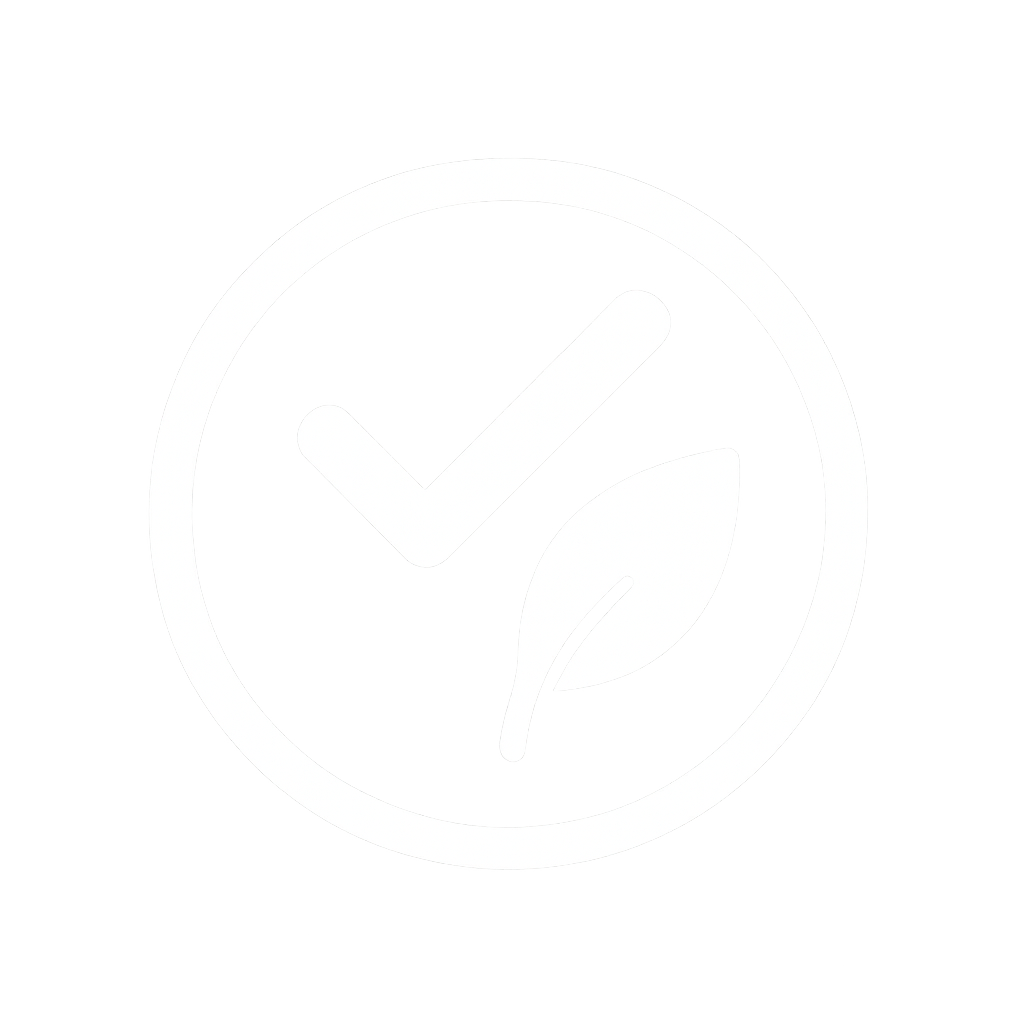 Climate action or eco-friendly initiative icon featuring a checkmark and a leaf.