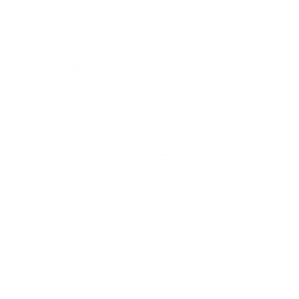 Black circular logo with a white leaf icon on top and the text 'Completely Natural' in the center.