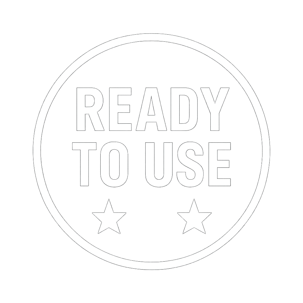 A circular emblem with the text 'READY TO USE' and two stars beneath the text.