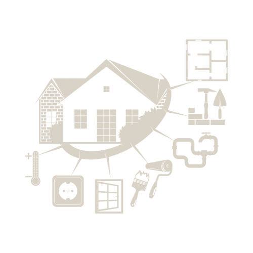 Diagram showing smart home features including security system, lighting control, heating, appliance management, and energy monitoring.