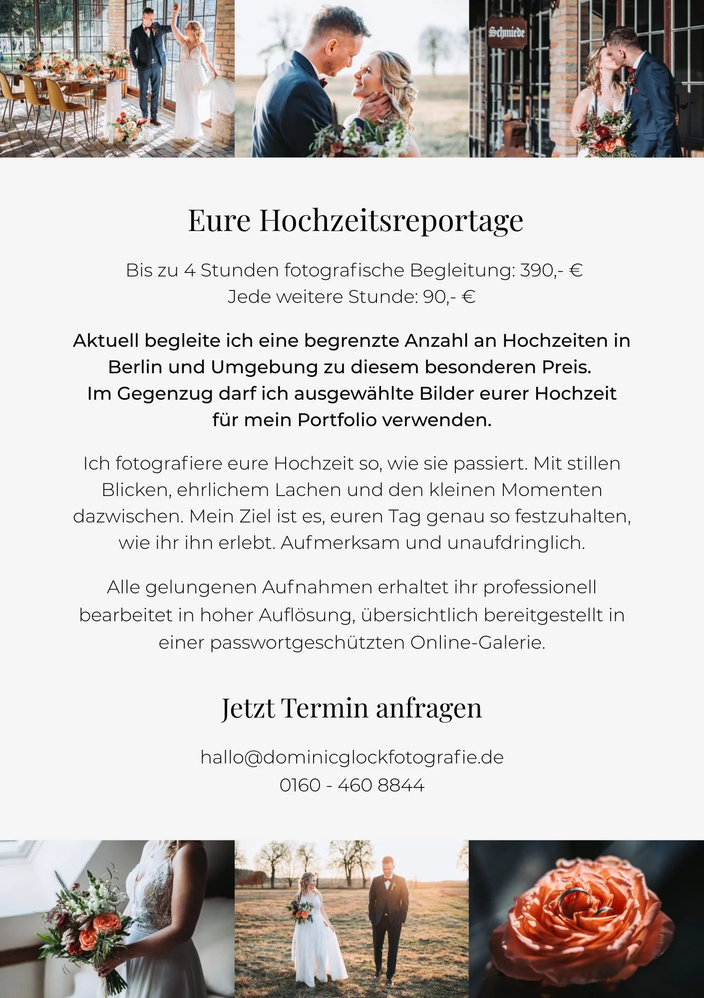 Rückseite des Flyers zur Portfolio Edition 2026: Aktuell begleite ich eine begrenzte Anzahl an Hochzeiten in Berlin und Umgebung zu diesem besonderen Preis.  Im Gegenzug darf ich ausgewählte Bilder eurer Hochzeit für mein Portfolio verwenden.