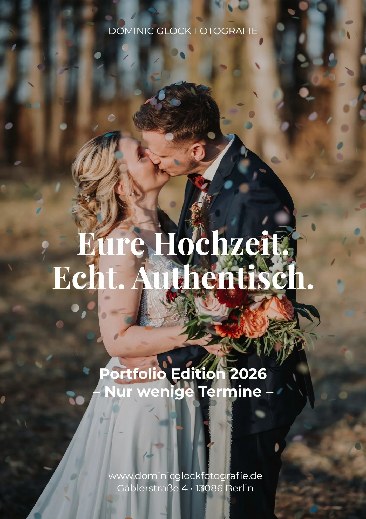 Vorderseite des Flyers zur Portfolio Edition: Eure Hochzeit. Echt. Authentisch. Portfolio Edition 2026 - Nur wenige Termine.