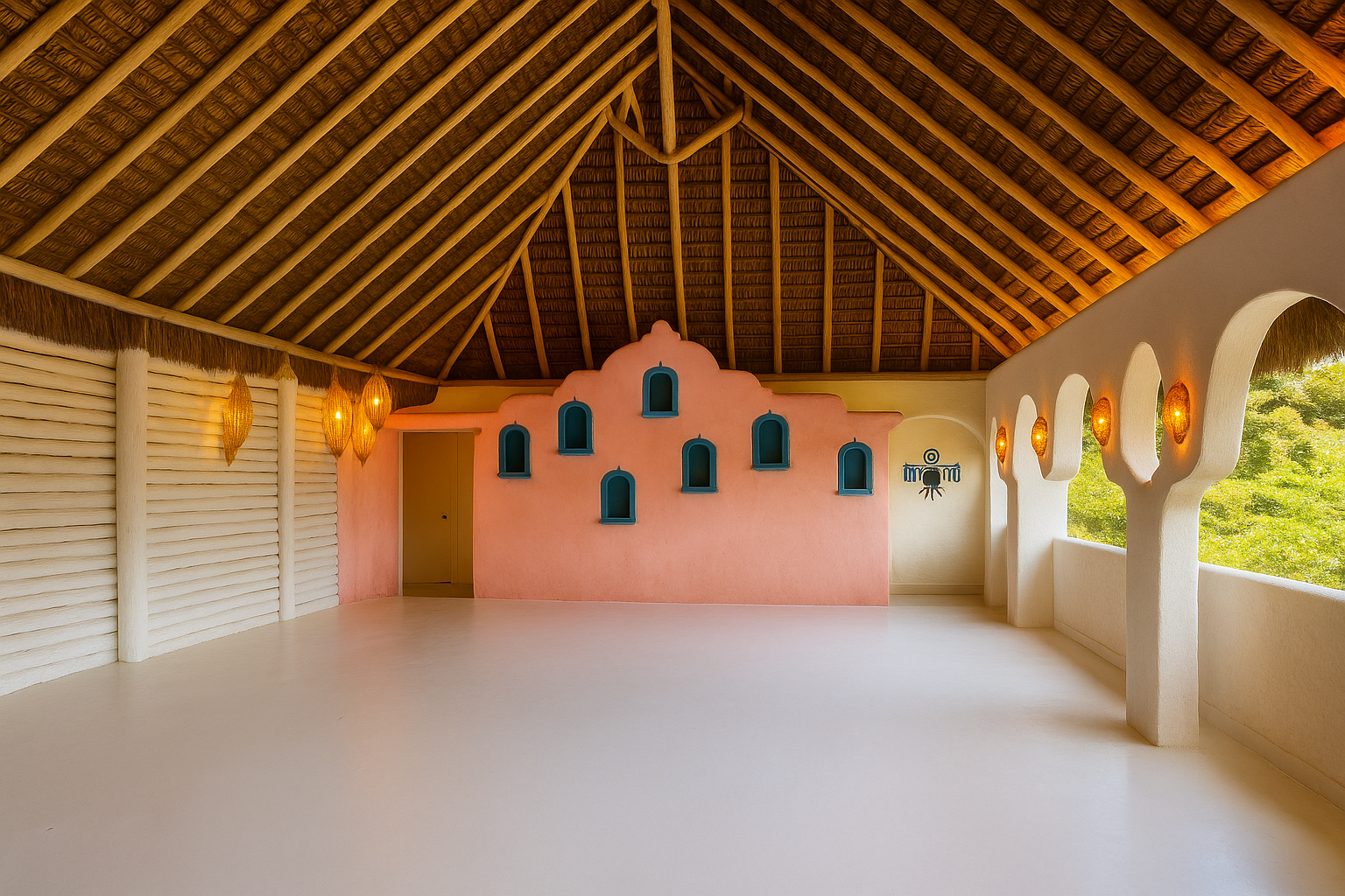 Open interior space with rustic wooden vaulted ceiling, pink and white walls, built-in windows with blue frames, and a neutral-colored floor. Large windows on the right allow natural light and show green outdoor scenery.