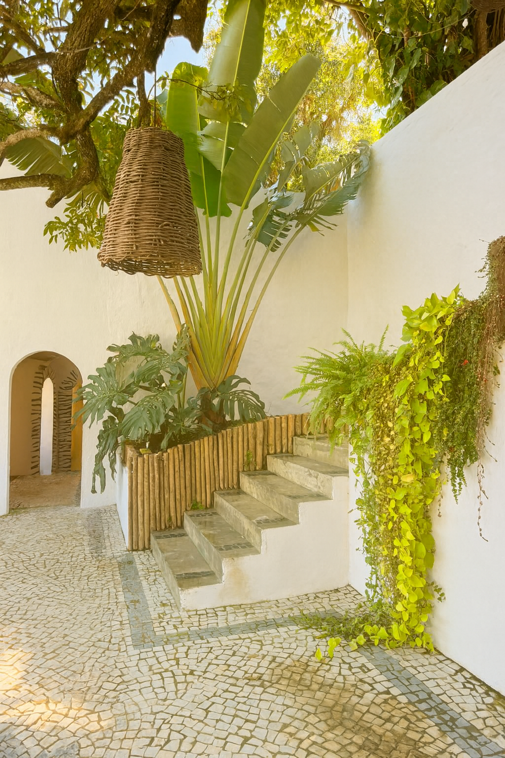 Outdoor courtyard with stairs, white walls, tropical plants including banana leaves, and a woven hanging lamp.