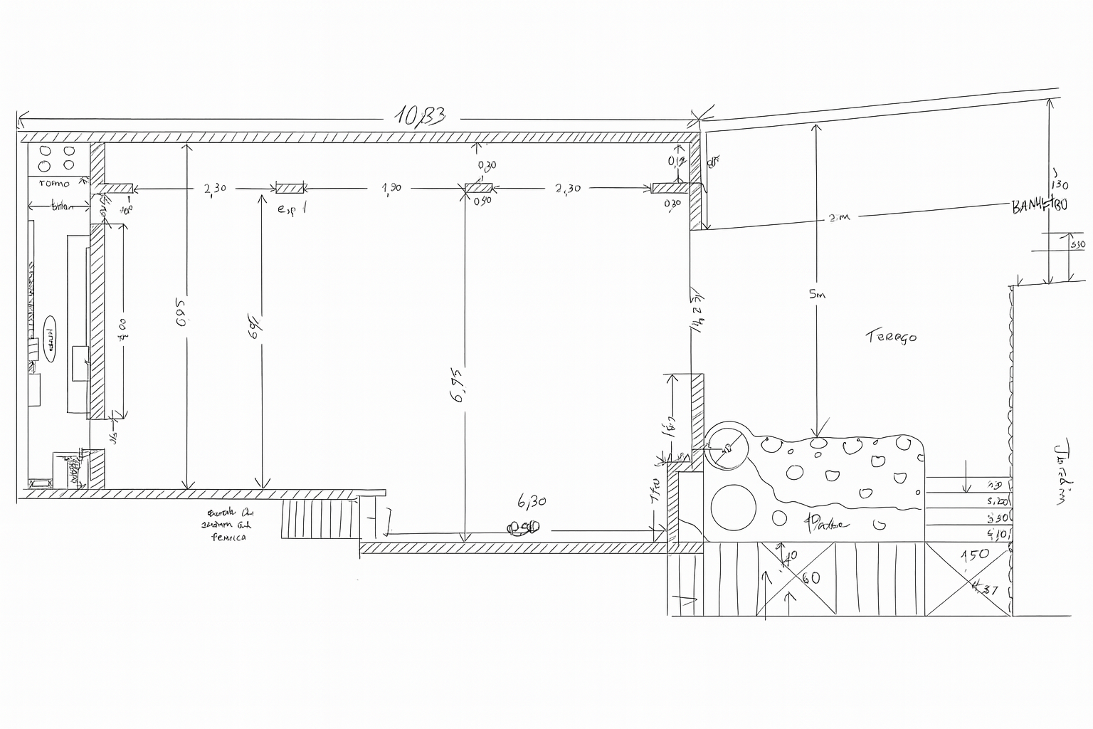 Architectural floor plan drawing of a building layout with measurements, walls, and designated areas labeled in Spanish.