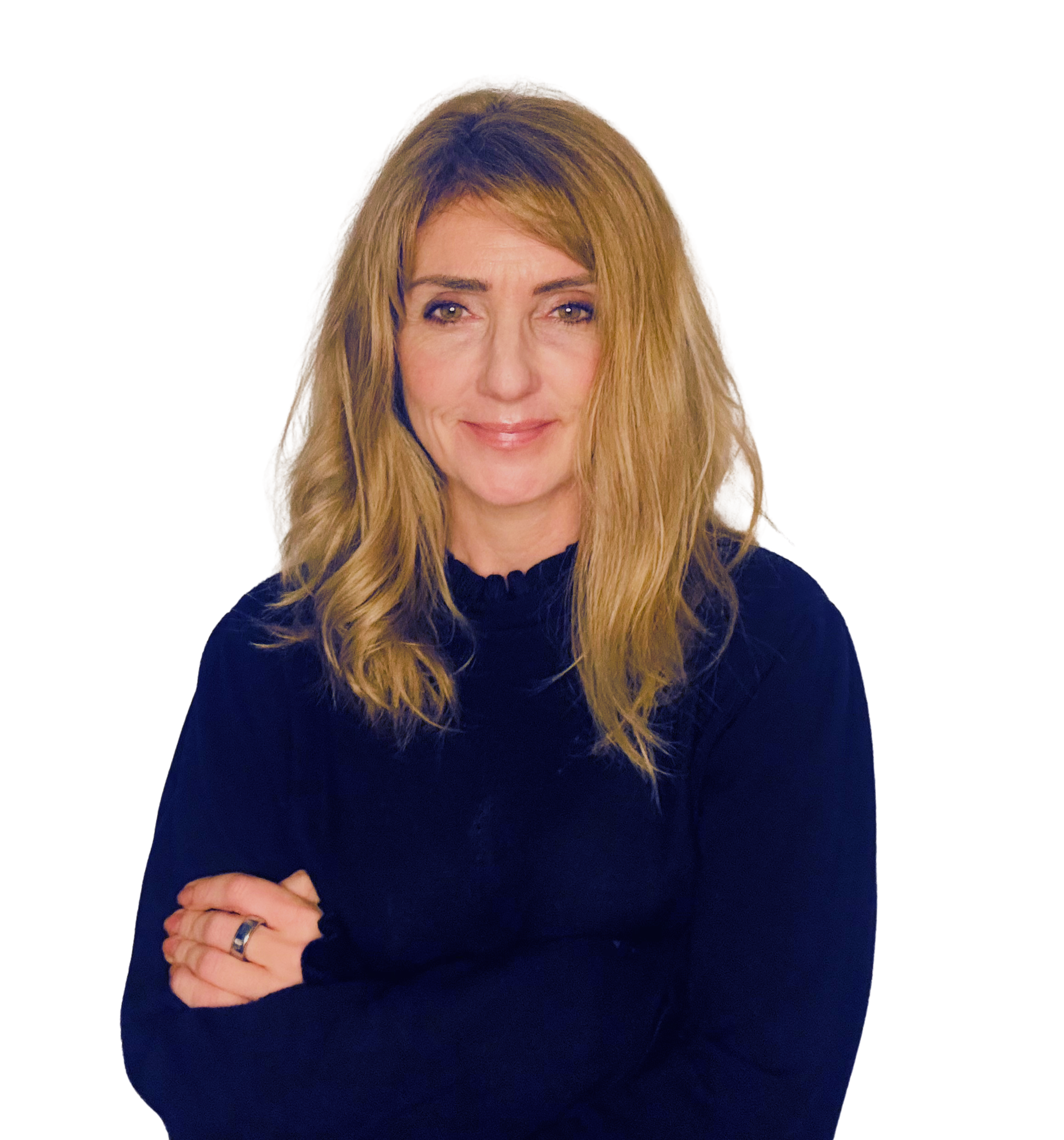 Rachael Bloom, permanent makeup artist, smiling warmly with soft natural makeup, wearing a simple black top against a neutral background.