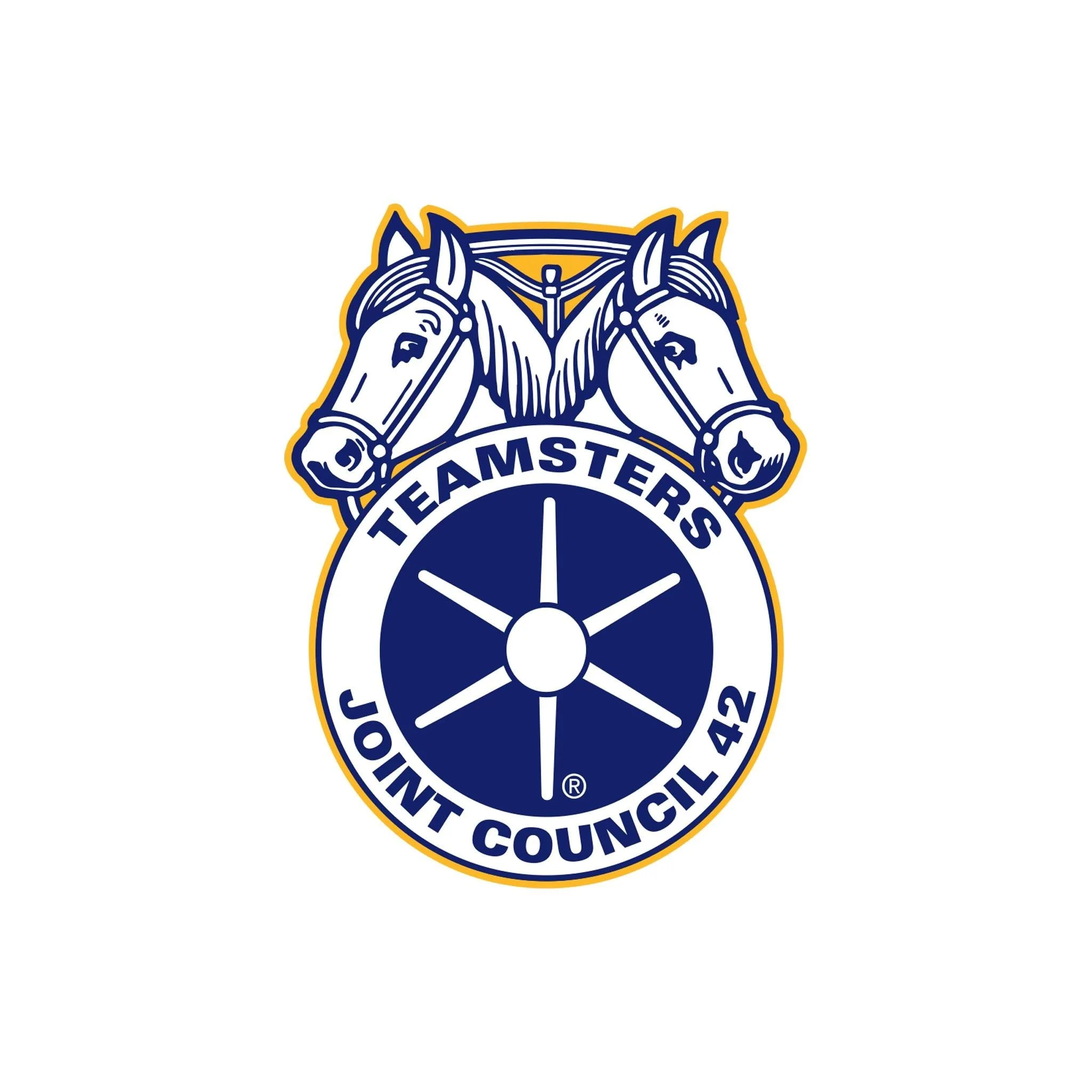 Logo of Teamsters Joint Council 42 featuring two horse heads above a circular emblem with a wheel and the text 'Teamsters Joint Council 42'.