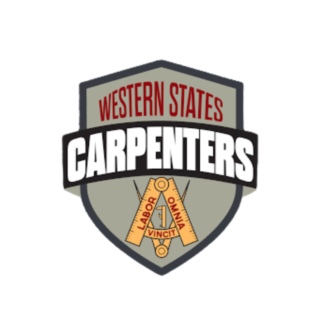 Badge for Western States Carpenters with a shield design, a ruler, a T-square, and the Latin phrase "Labor Omnia Vincit".