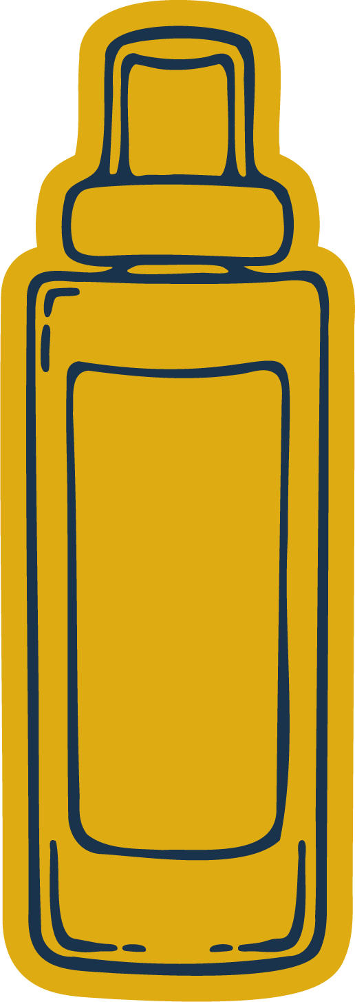 A stylized illustration of a spray bottle with a cap, outlined in dark blue on a yellow background.